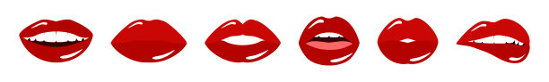 一套妇女的嘴唇与光泽的红色唇膏。女性口型的向量集合图片下载