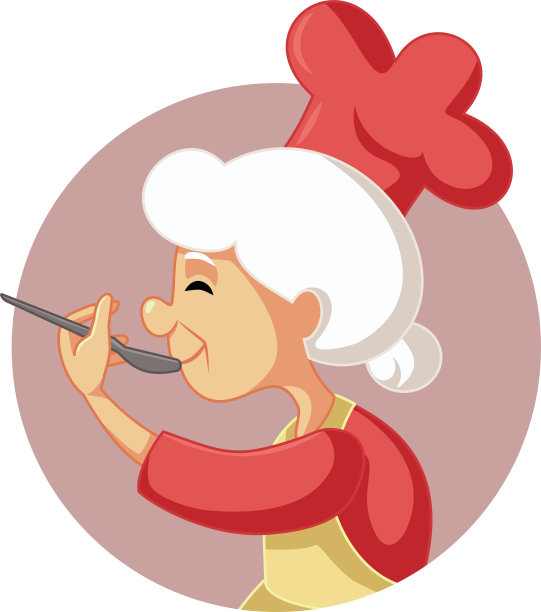 奶奶品尝煮熟的饭与勺子卡通插图向量图片下载