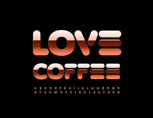 向量创意横幅爱咖啡与棕色金属字母和数字设置图片下载