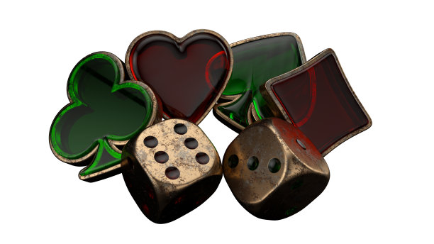 现代金色，绿色和红色玻璃卡符号和白色骰子- 3D插图图片下载