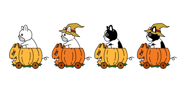 狗向量法国斗牛犬万圣节南瓜车骑图标小狗卡通人物幽灵宠物标志符号涂鸦插画设计图片下载