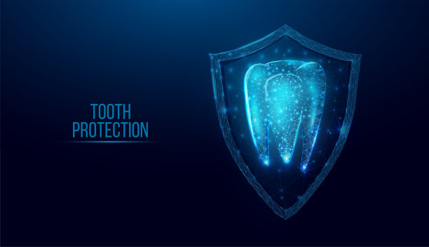 牙齿的保护。抽象线框低聚风格旗帜。牙科服务，牙齿治疗，牙科护理，口腔医学概念。矢量插图。图片下载