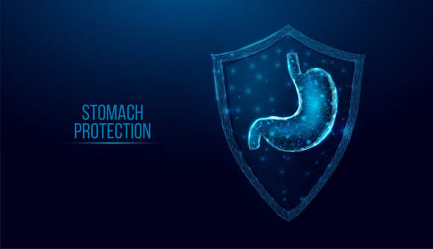 人体胃的保护。线框低聚风格。医学概念，消化系统的药理学治疗。抽象现代三维矢量插图在深蓝色的背景。图片下载