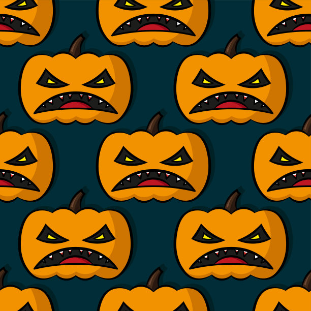 邪恶的万圣节南瓜孤立在深蓝色的背景。可爱的节日无缝图案。矢量平面图形手绘插图。纹理。图片下载