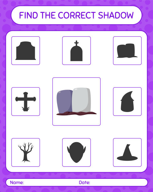 找到正确的影子游戏与墓碑。学龄前儿童的工作表，儿童活动表图片下载