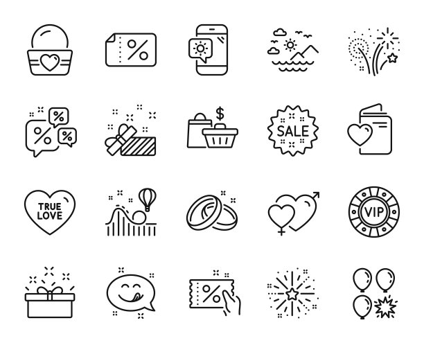 向量集气球飞镖，结婚戒指和烟花爆炸线图标设置。向量图片下载