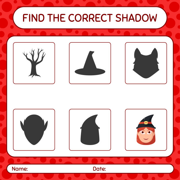 找到正确的阴影游戏与女巫。学龄前儿童的工作表，儿童活动表图片下载