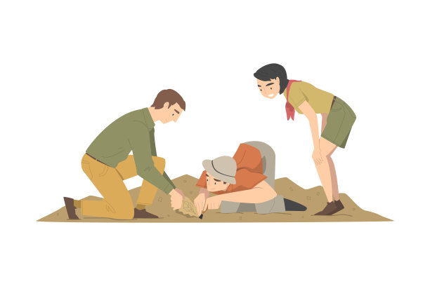 男人和女人考古学家工作在发掘中寻找考古遗迹矢量插图图片下载