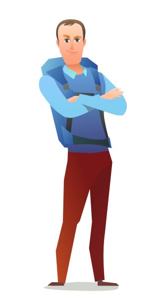 人旅游背包客。背着背包的家伙。开朗的人。站立姿势。漫画风格扁平化设计。单个的字符。插图孤立在白色背景上。向量图片下载