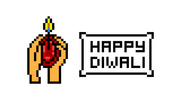 像素艺术排灯节快乐横幅。滴雅灯在手白色背景文字，8位打印。印度灯节卡片。老派复古80年代，90年代2d电脑，视频游戏，老虎机图形。图片下载