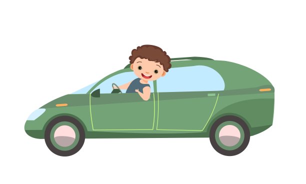 儿童车。孩子骑着绿色的现代汽车。玩具车。电动机。可爱的载客汽车。孤立在白色背景上。向量图片下载