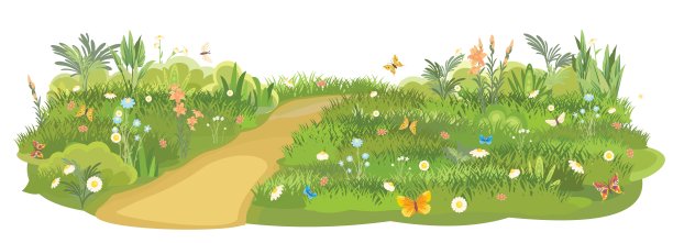 乡间小路斜通向绿色空地。夏天的草地。线索。多汁的草靠近了。草原。国家旅行。孤立。卡通风格。平面设计。矢量插图艺术图片下载