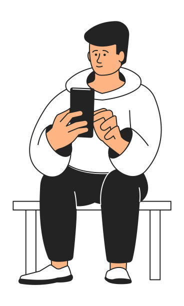 男人拿着电话。使用社交媒体的人。坐着的家伙在用智能手机图片下载