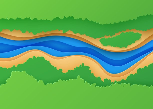 剪纸风格的顶视图景观。三维背景鸟瞰图与河流绿色森林冠层和土地。矢量剪纸卡插图的创意理念环境保护和自然图片下载