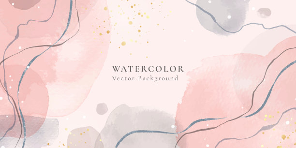 抽象的灰粉色和淡灰色液体水彩背景与波浪线和金色污渍。粉彩优雅的最小现代水平头部。矢量插图，水彩壁纸图片下载