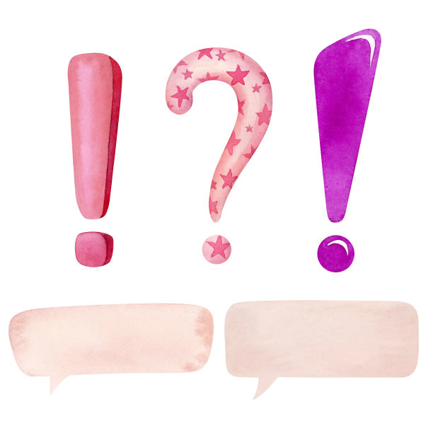 问号，感叹号和语音气泡，水彩画插图图片下载