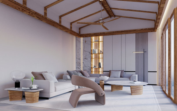 客厅有木制山墙屋顶。图片下载