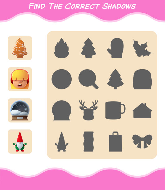 找到正确的卡通圣诞阴影。搜索与匹配游戏。学龄前儿童和幼儿的教育游戏图片下载