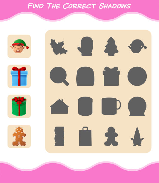 找到正确的卡通圣诞阴影。搜索与匹配游戏。学龄前儿童和幼儿的教育游戏图片下载