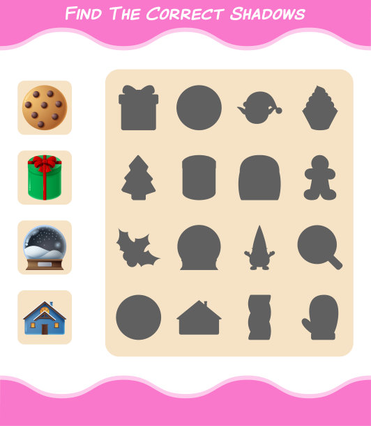 找到正确的卡通圣诞阴影。搜索与匹配游戏。学龄前儿童和幼儿的教育游戏图片下载