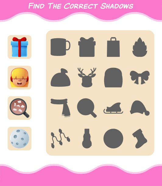 找到正确的卡通圣诞阴影。搜索与匹配游戏。学龄前儿童和幼儿的教育游戏图片下载