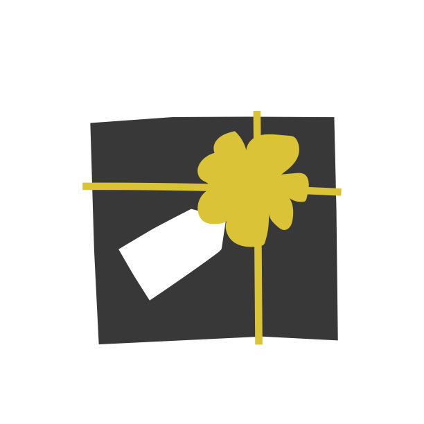 矢量孤立的插图在平铺设风格。黑色方形礼品盒是用纸包裹的，上面有黄色的丝带和白色的标签，象征着圣诞和新年礼物。图片下载