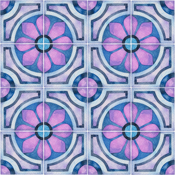 水彩无缝瓷砖图案。方形手绘装饰。图片下载