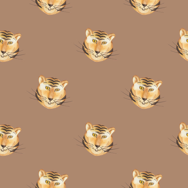 水彩无缝模式从手绘插图的老虎头微笑，胡须，条纹皮毛上的棕色背景图片下载