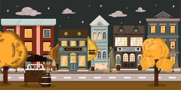 向量夜晚街道与餐厅，酒吧商店，房子和食品推车。以道路和公园为背景的卡通插图。秋天的欧洲城市图片下载