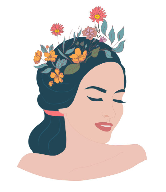 心理学意识精神病学或心理健康概念。孤立矢量插图的脸放松微笑的女性妇女与鲜花在她的头。想象。思想和灵魂图片下载