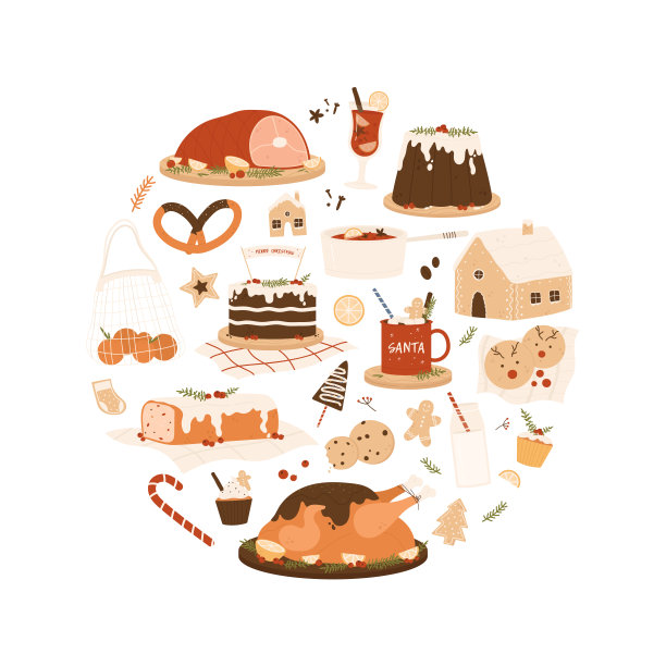 圣诞食品晚餐套装。圣诞餐桌上的传统圣诞菜肴和甜点。惬意的晚餐的概念。矢量插图在卡通风格。孤立在白色背景上。图片下载