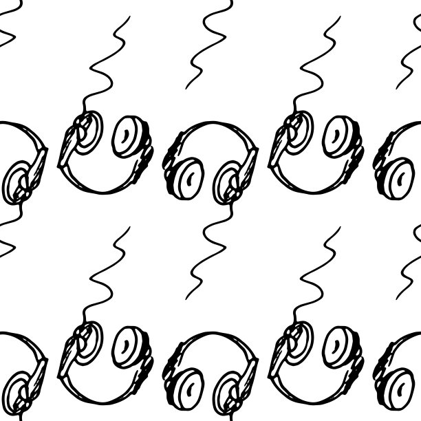 耳机的模式。无缝模式的电脑耳机在风格的手绘涂鸦与波浪线，孤立的黑色轮廓上的白色背景为标签设计模板，包装。音乐设备图片下载