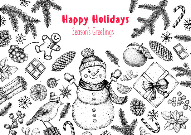 圣诞贺卡。手绘草图。矢量插图。圣诞邀请函设计模板。素描的收藏。雪人，鸟，礼品盒，节日横幅图片下载