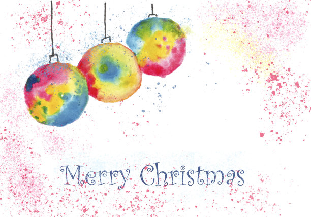 手画的快乐圣诞贺卡，新年派对邀请，水彩圣诞球与快乐的圣诞字母图片下载