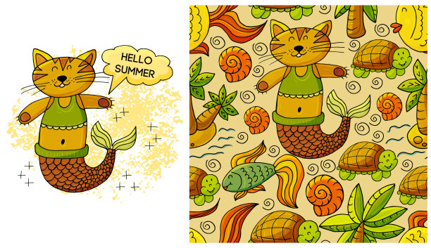 元素和无缝模式的集合。美人鱼猫和背景与贝壳和海洋元素。你好,夏天图片下载