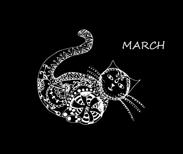 单手画猫与球。在涂鸦风格，白色的轮廓孤立在黑色的背景。可爱元素的卡片，社交媒体横幅，贴纸，打印，装饰孩子的游戏室。图片下载