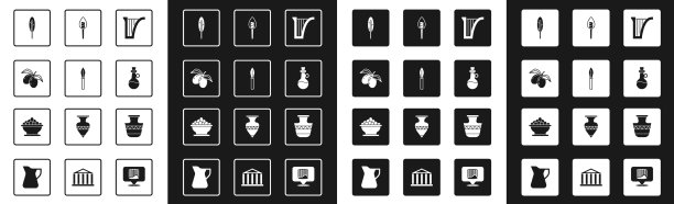 设置竖琴中世纪矛橄榄树枝羽毛图片下载