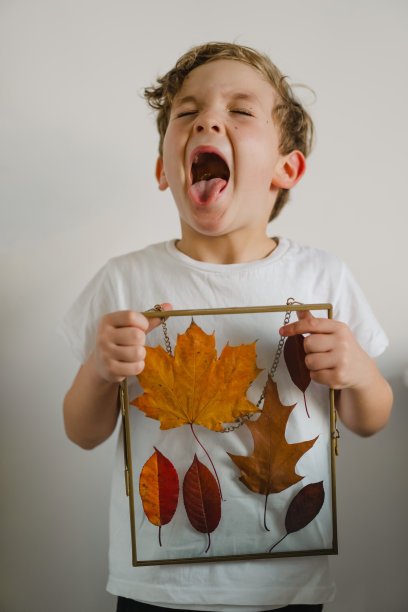 男孩坐在厨房里，用玻璃框里的树叶做了一幅构图。快乐的童年的概念。图片下载