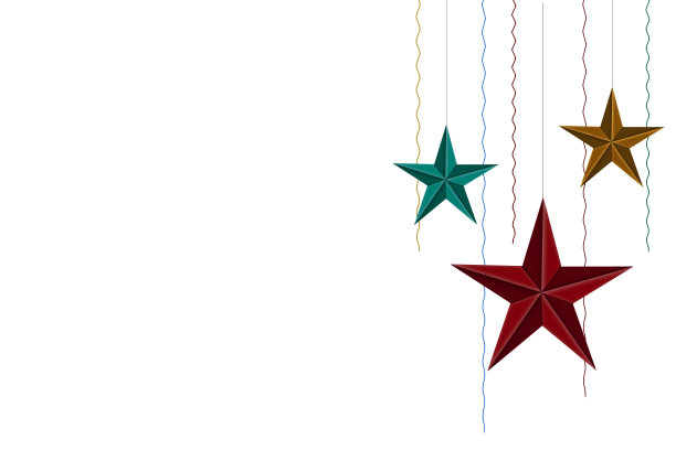 悬挂红色，金色，绿色的星星圣诞节日装饰品和彩色的流线在白色的插图背景图片下载