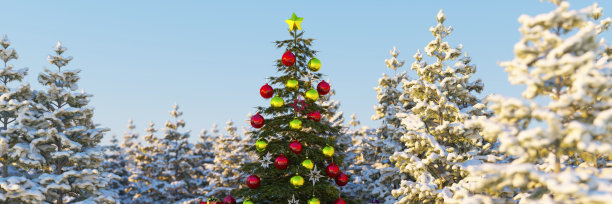 松林在黎明与装饰圣诞树为圣诞节3d渲染图片下载