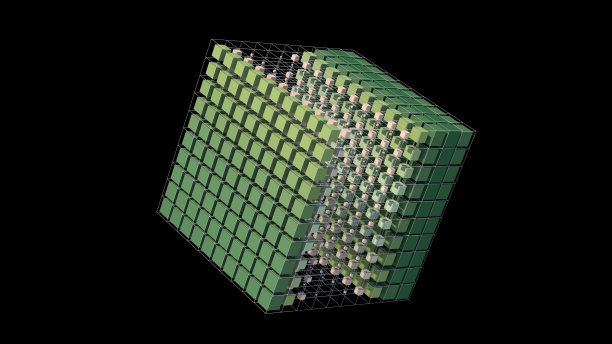 绿色方块变形。黑色背景，科技概念。抽象插图，3d渲染。图片下载