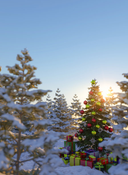 装饰圣诞树与礼物在雪森林3d渲染图片下载