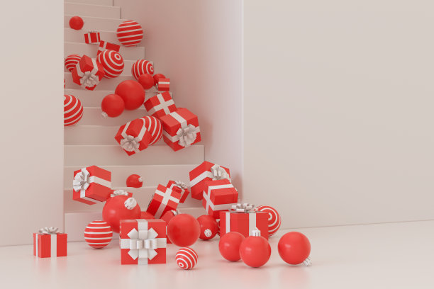 圣诞装饰品和礼品盒从楼梯上掉下来，新年概念图片下载