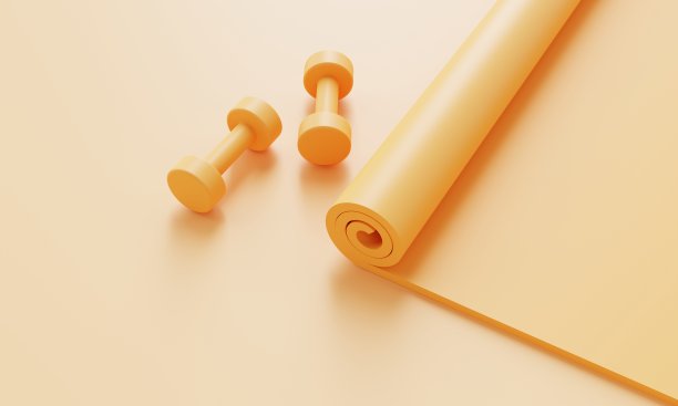 运动健身配件与瑜伽垫和哑铃在柔和的黄色背景。健身和运动对象概念。单色。3D插图渲染图片下载