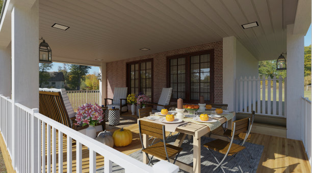 舒适的门廊在一个乡村房子的3d插图图片下载