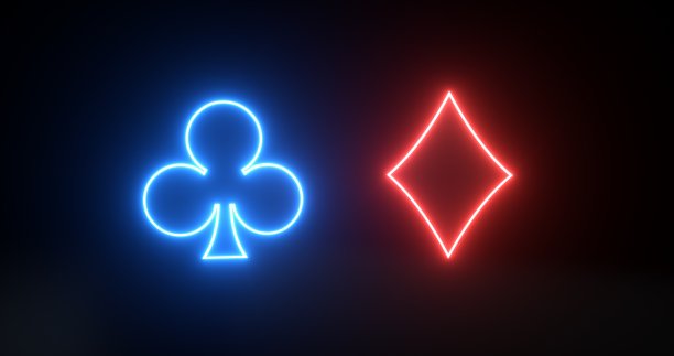 现代黑色和霓虹灯蓝色，红牌俱乐部和钻石符号- 3D插图图片下载