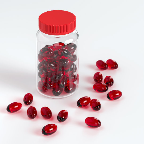 一罐红色软凝胶胶囊。用膳食补充剂来支持身体生产的药物。3 d渲染。图片下载