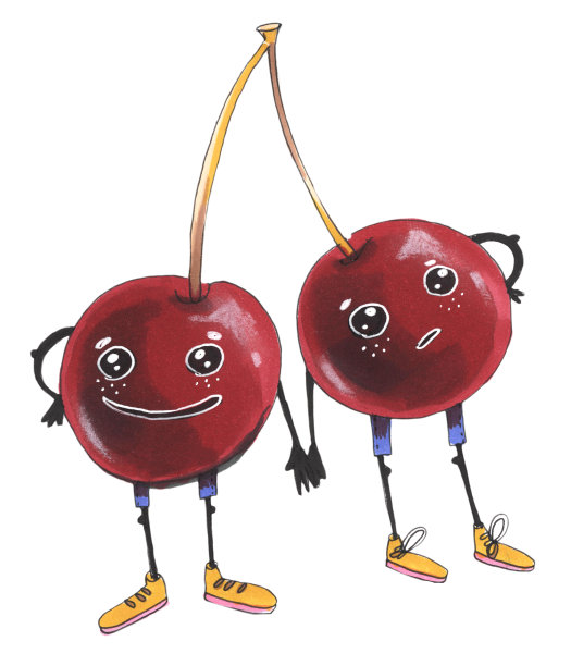 手绘插图素描标记卡水果浆果两个红樱桃人物男孩兄弟为孩子卡通风格图片下载