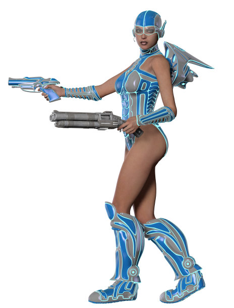 未来战士身穿蓝色和灰色盔甲，配备枪支和步枪，3d渲染图片下载