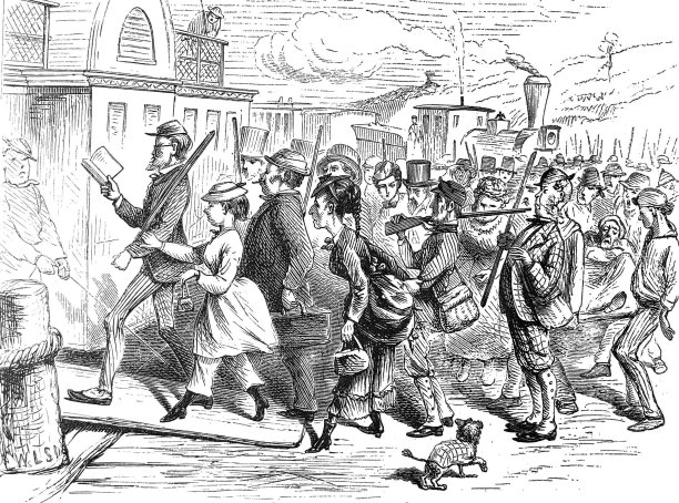 古董插图-哈珀杂志-一大群人带着猎枪离开享受户外图片下载